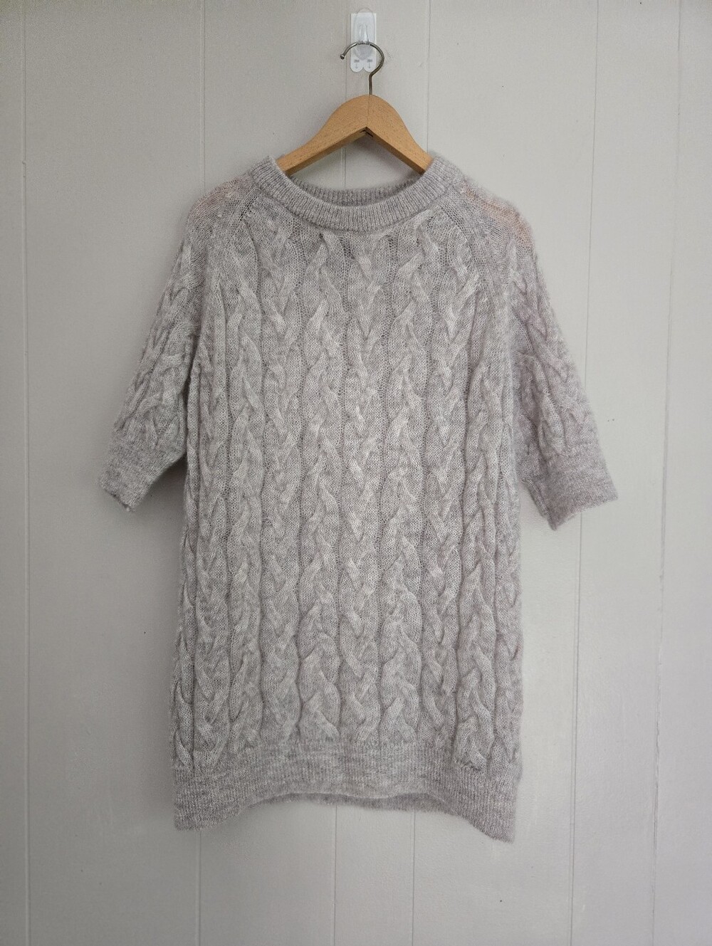 COS Cable Knit Short Sleeve Tunic Length Sweater Fluffy Mohair Blend Taupe M